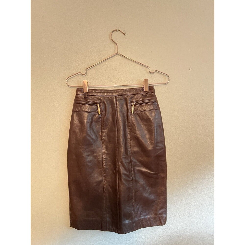 Escada Leather Pencil Skirt Size 36 Brown Soft Leather Gold Zippers Knee Length
